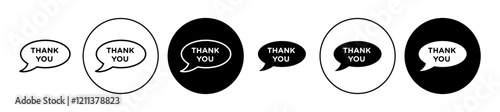 Speech bubbles thank you icons set in black filled and stroke line style