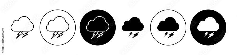 Thunderstorm icons set in black filled and stroke line style Thunderstorm icons set in black filled and stroke line style