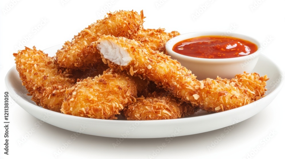 A plate of crispy coconut chicken tenders served with sweet chili dipping sauce, Each tender coated in crunchy coconut flakes and fried to golden perfection A plate of crispy coconut chicken tenders served with sweet chili dipping sauce, Each tender coated in crunchy coconut flakes and fried to golden perfection