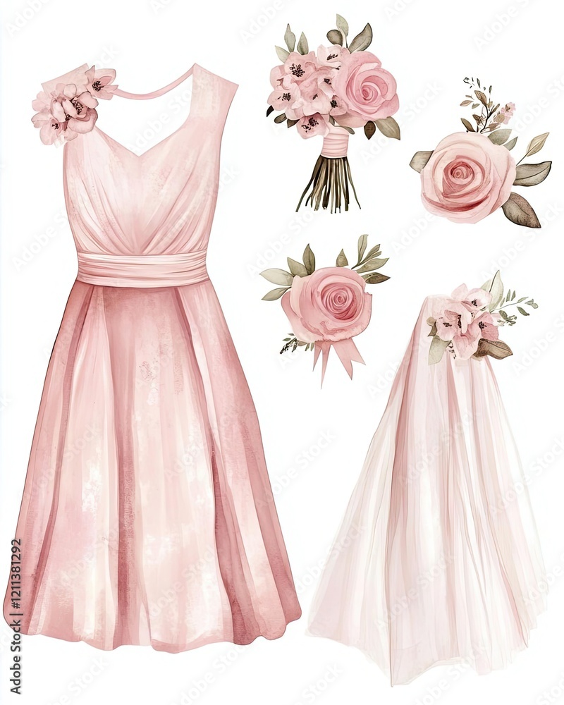 Collection set watercolor bridal elements with dresses, veils, and soft romantic hues, isolated on white Collection set watercolor bridal elements with dresses, veils, and soft romantic hues, isolated on white