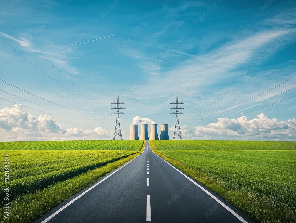 A serene landscape featuring a road leading to power plants. A serene landscape featuring a road leading to power plants.