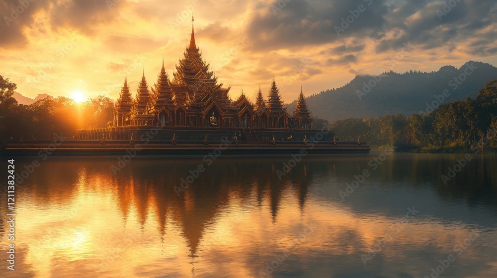 Fototapeta premium A serene image of a majestic Buddhist temple at sunrise, with a calm pond reflecting its intricate architecture
