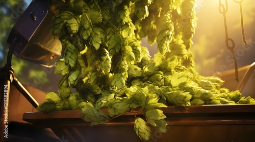 Close up detailed shot of fresh hops being added to the beer brewing process in a craft beer production facility  The golden hop cones are a key ingredient that add aroma
