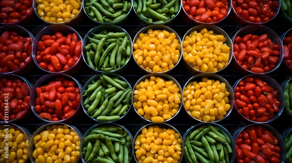 Colorful Arrangement of Stacked Canned Vegetables on Shelves in a Bright and Organized Grocery Store Aisle Showcasing a Variety of Preserved Produce for Customers Colorful Arrangement of Stacked Canned Vegetables on Shelves in a Bright and Organized Grocery Store Aisle Showcasing a Variety of Preserved Produce for Customers