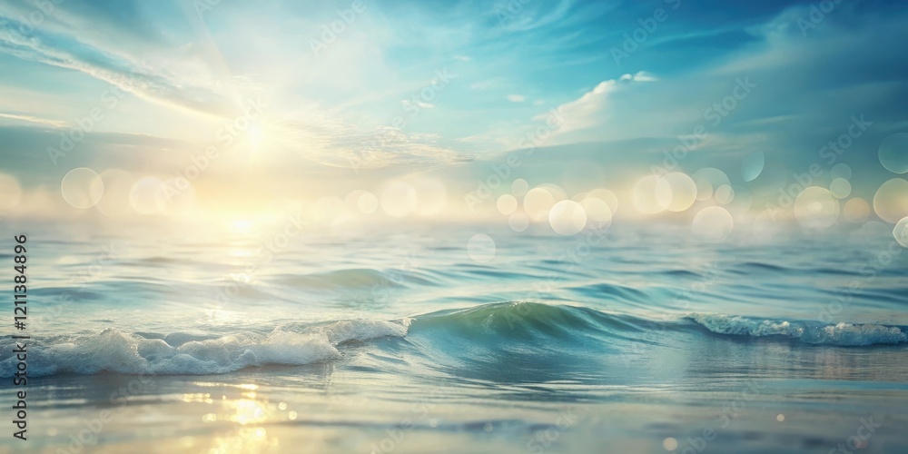 Obraz premium Serene ocean waves gently lapping the shore at sunset, illuminated by warm golden light and soft bokeh effects