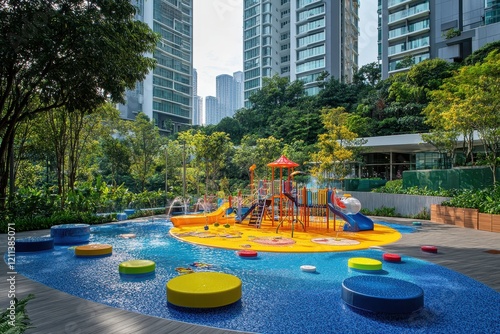 Vibrant Children’s Playground Surrounded by Modern High-Rises in a Lush Urban Environment Featuring Water Play and Colorful Equipment