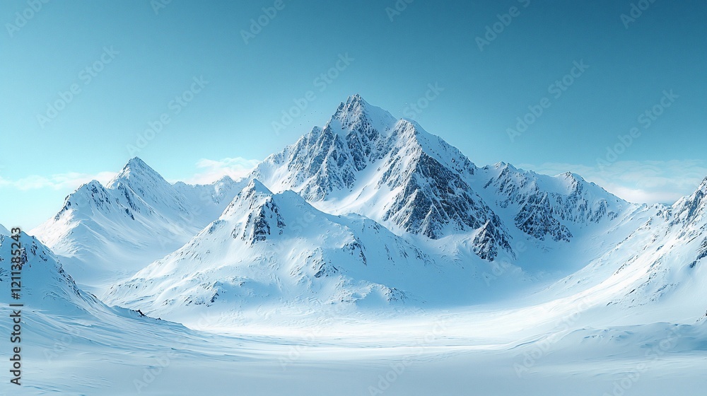 Fototapeta premium Majestic snow-capped mountain range under a clear blue sky.