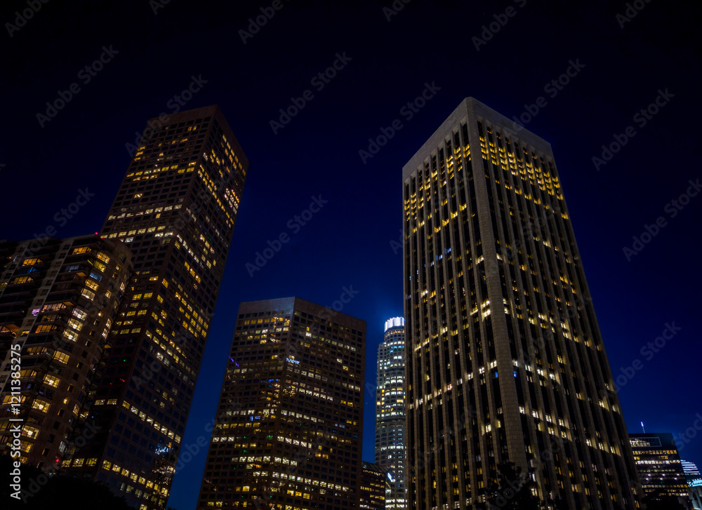 Tall skyscrapers in downtown at night