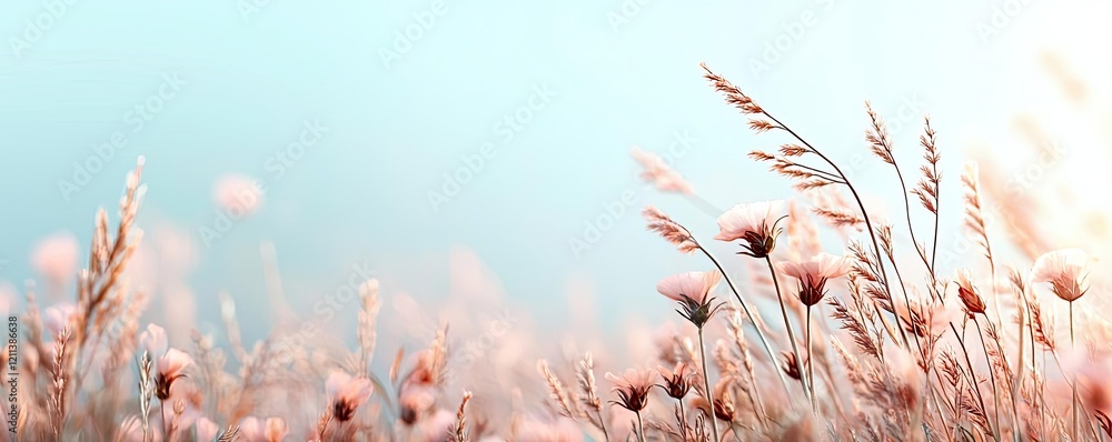 Pastel spring concept. Delicate flowers bloom in soft pastel colors under a serene blue background.