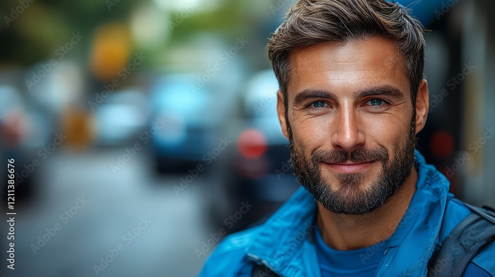 Smiling young man in a casual outfit, set against an urban street backdrop. Smiling young man in a casual outfit, set against an urban street backdrop.