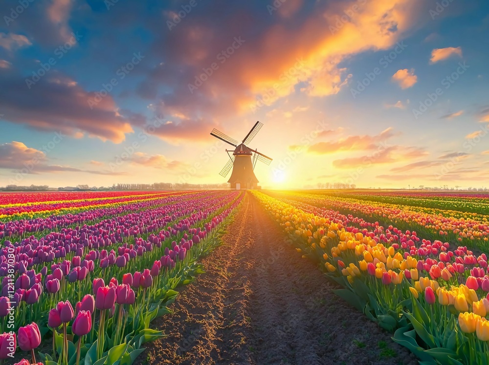 Colorful tulip fields with windmills against the sky in The Netherlands at sunset. Beautiful natural landscape background. Vibrant colors of springtime flowers and traditional Dutch mill, golden hour Colorful tulip fields with windmills against the sky in The Netherlands at sunset. Beautiful natural landscape background. Vibrant colors of springtime flowers and traditional Dutch mill, golden hour