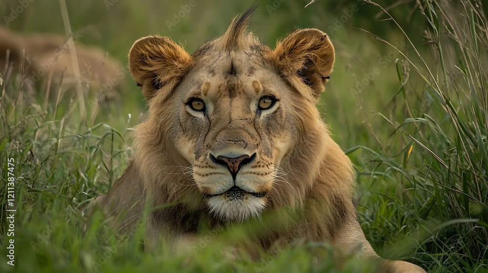 Obraz premium A lion is laying in the grass with its head up