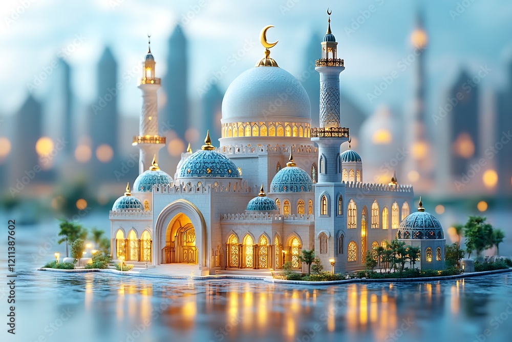 Obraz premium 3d modern Islamic banner, suitable for Ramadan, Eid al Fitr, and Eid al Adha with mosque, lantern, crescent moon,