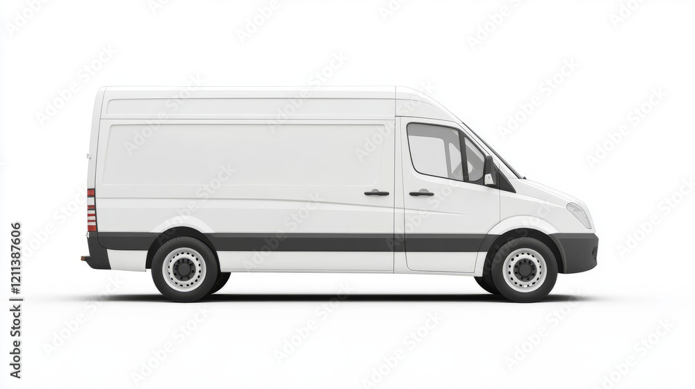 white commercial cargo delivery van side profile mockup template for branding and advertising with black trim and graphic design illustration on isolated white background