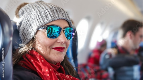 Woman in knit hat and reflective sunglasses sitting on airplane, wearing a red scarf. Blurred plane interior background. Concept of travel. Ai generative photo