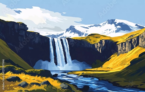 Icelandic nature, a majestic waterfall in the mountains, vector illustration in a flat style, with clear lines and shapes