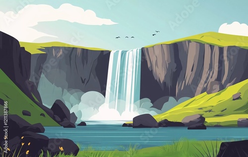 Icelandic nature, a majestic waterfall in the mountains, vector illustration in a flat style, with clear lines and shapes
