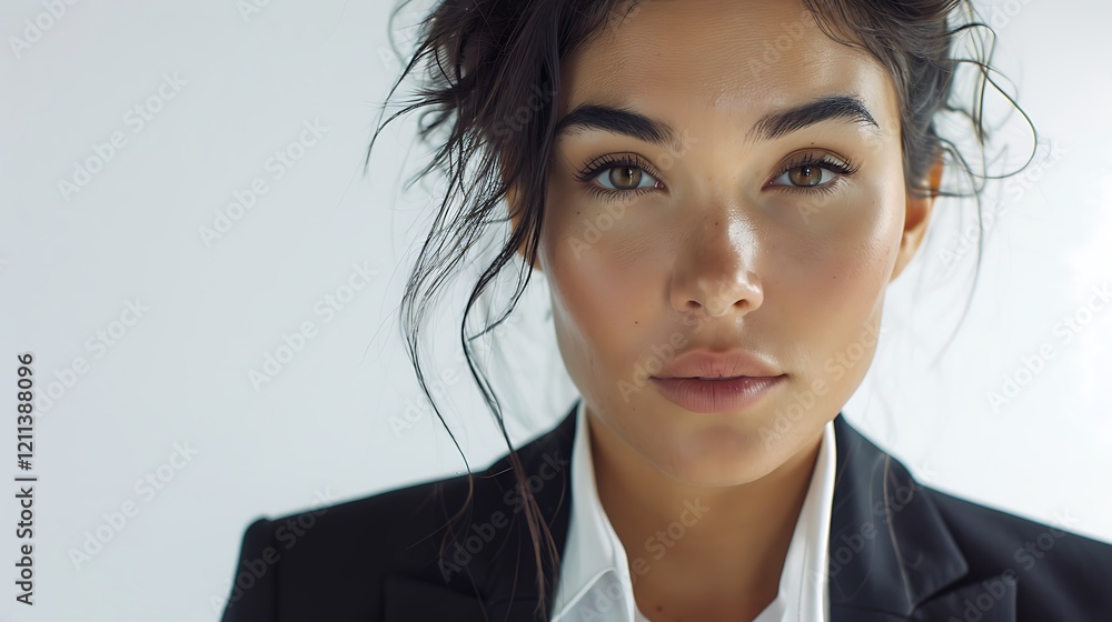 A close-up shot of a businesswoman in a white shirt and stylish blazer, looking focused and determined, perfectly lit against a white background. 8k UHD, suitable for high-quality printing or A close-up shot of a businesswoman in a white shirt and stylish blazer, looking focused and determined, perfectly lit against a white background. 8k UHD, suitable for high-quality printing or