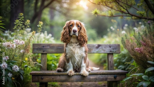 A Cocker Spaniel sits patiently on a rustic wooden bench, surrounded by a tranquil garden path and blossoming flora