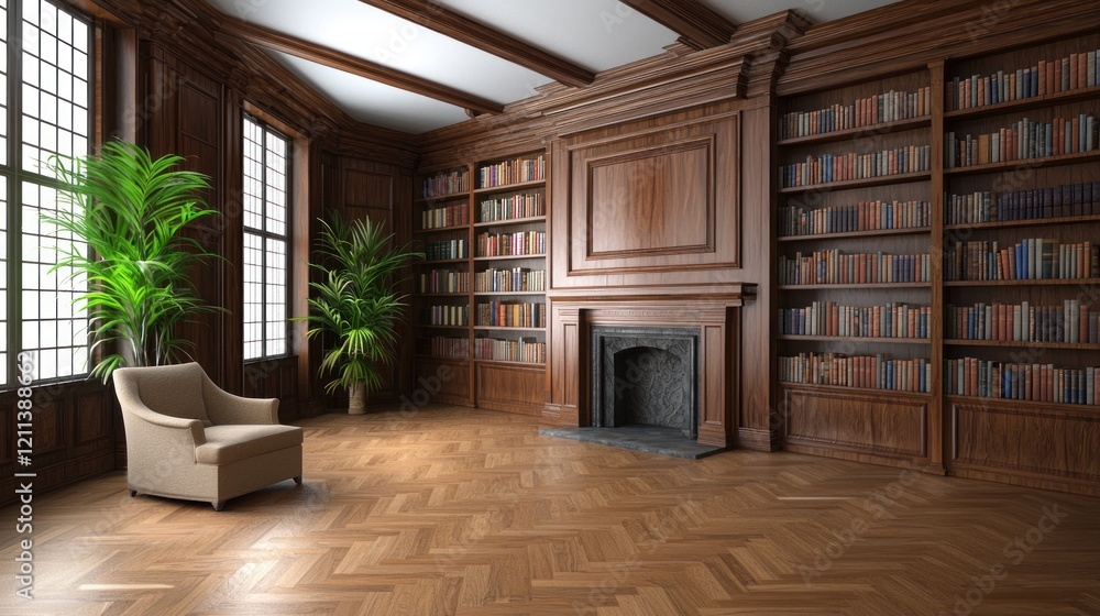 Elegant Library with Wooden Paneling Elegant Library with Wooden Paneling