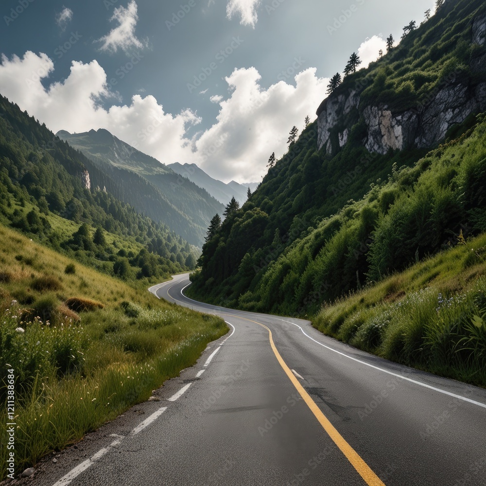 Winding mountain road surrounded by lush greenery, isolated.
Winding mountain road surrounded by lush greenery, isolated.