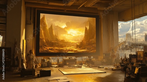 Large golden landscape painting in a spacious artist's studio with city views. photo