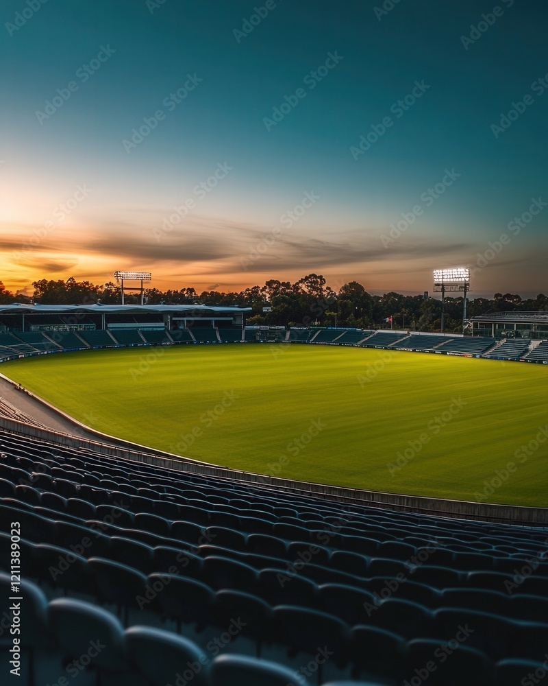 Fototapeta premium A serene image of an empty stadium at dawn, with clean rows of seats and the field perfectly groomed
