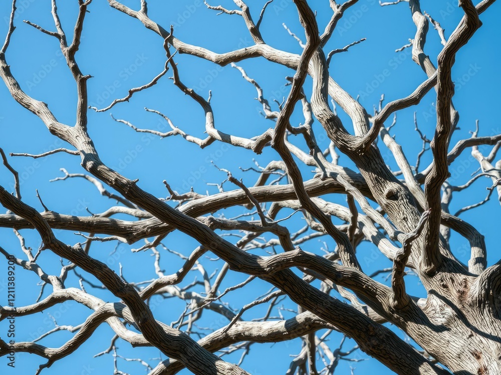 Dense tree branches intertwine against the clear blue sky with intricate details of knots and bark, wood, earthy, branches Dense tree branches intertwine against the clear blue sky with intricate details of knots and bark, wood, earthy, branches