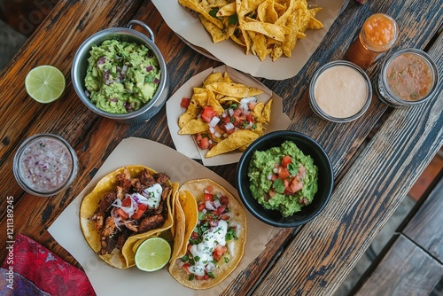 Wallpaper Mural Mexican taco platter with guacamole and salsas on wooden table. Torontodigital.ca