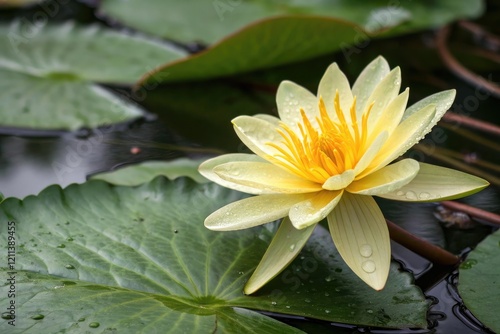 Wallpaper Mural Delicate flower with bright yellow petals unfolding in the center of a leaf, foliage, floral, green, bloom Torontodigital.ca