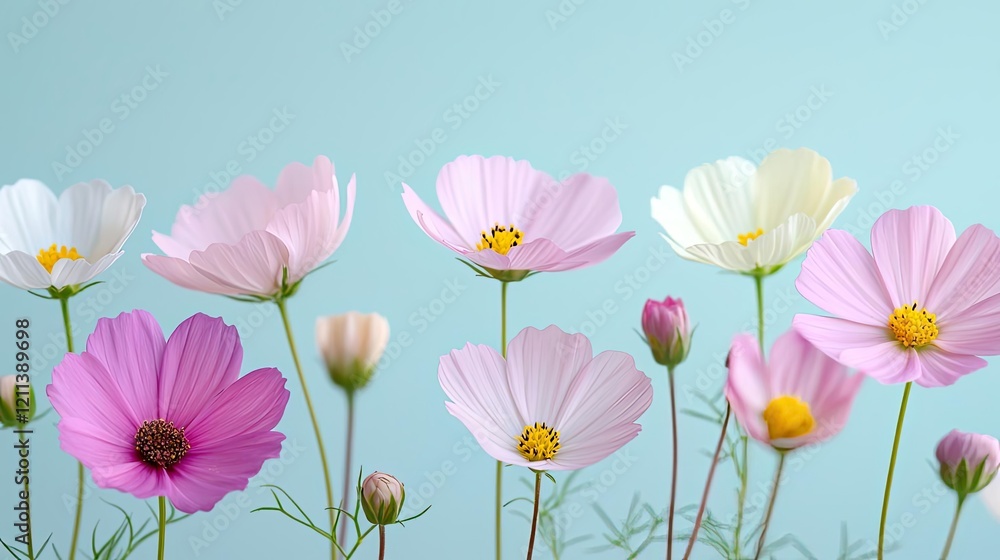Pastel spring concept. A vibrant arrangement of colorful flowers against a soft blue background. Pastel spring concept. A vibrant arrangement of colorful flowers against a soft blue background.