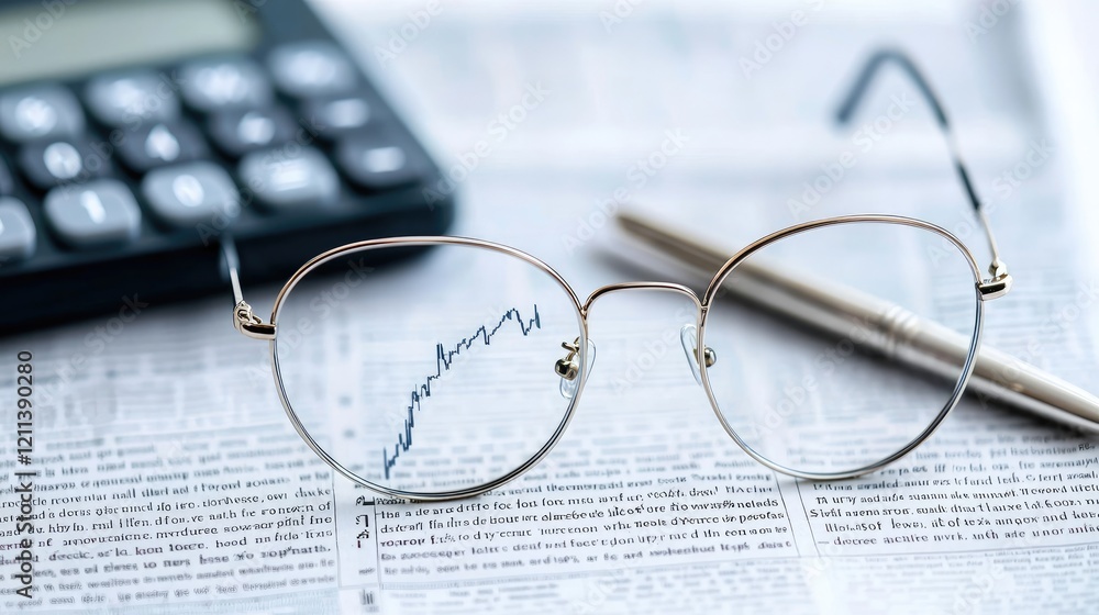 Financial analysis eyeglasses on stock market report, calculator and pen nearby Financial analysis eyeglasses on stock market report, calculator and pen nearby