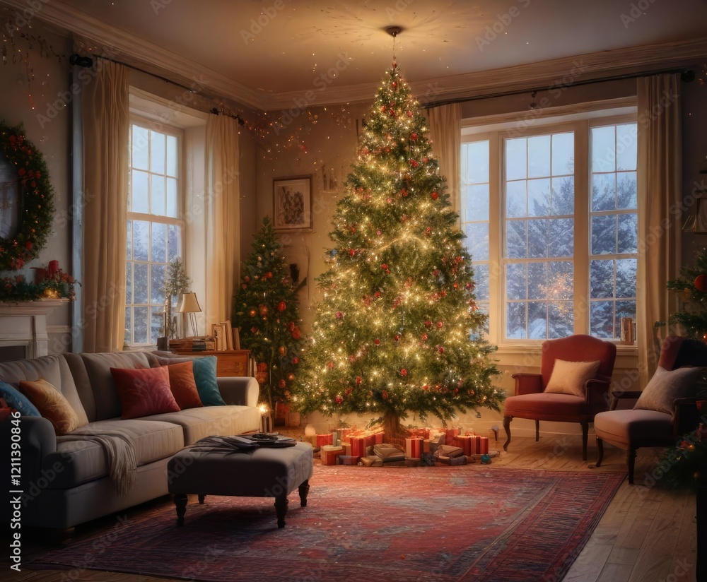 Confetti and sparklers surrounding a majestic Christmas tree in a living room, holiday season, cozy atmosphere Confetti and sparklers surrounding a majestic Christmas tree in a living room, holiday season, cozy atmosphere