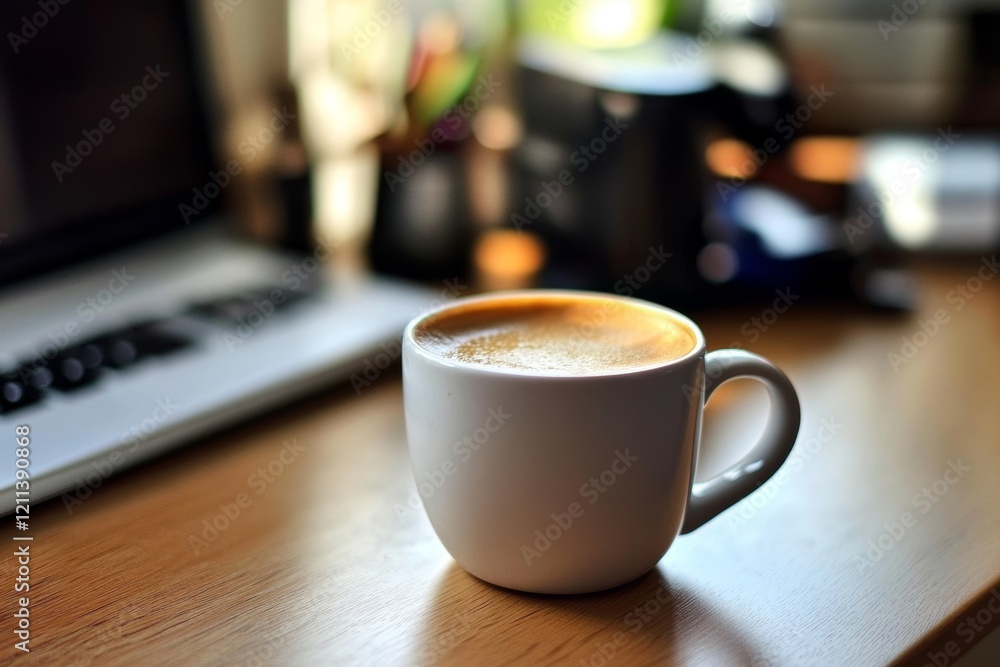 Office desk table with computer, supplies and coffee cup, Generative AI