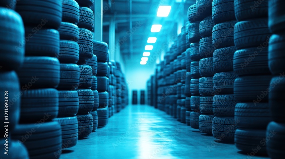 Obraz premium Stacked Tyres Ready for Shipment in Warehouse Environment