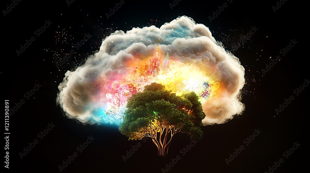 Fototapeta premium A colorful explosion of a cloud with a tree in the middle