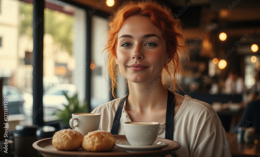 Smiling woman serving coffee and pastries Smiling woman serving coffee and pastries