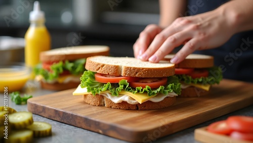 Delicious Deli Sandwich with Turkey, Lettuce, Tomato, and Cheese on Whole-Grain Bread photo