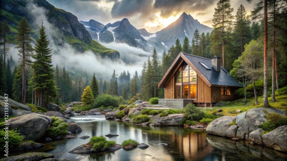 Fototapeta premium Serene Mountain Cabin Retreat by a Tranquil River, Nestled Amongst Majestic Peaks at Dawn