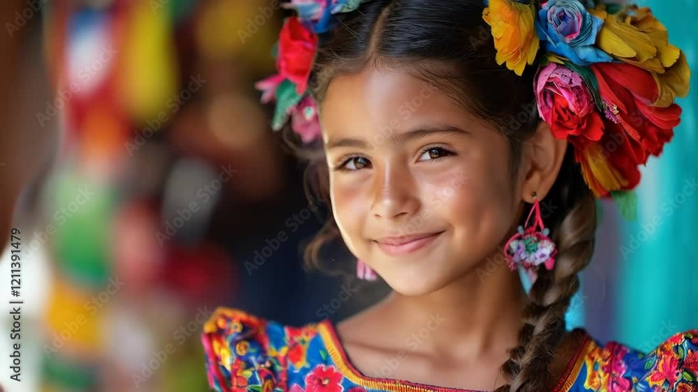 Joyful girl in traditional dress smiling and glancing playfully