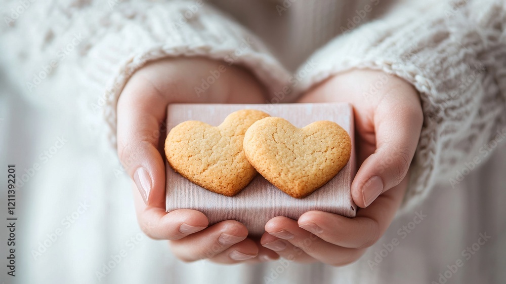 Two heart-shaped cookies held gently in warm hands. Two heart-shaped cookies held gently in warm hands.