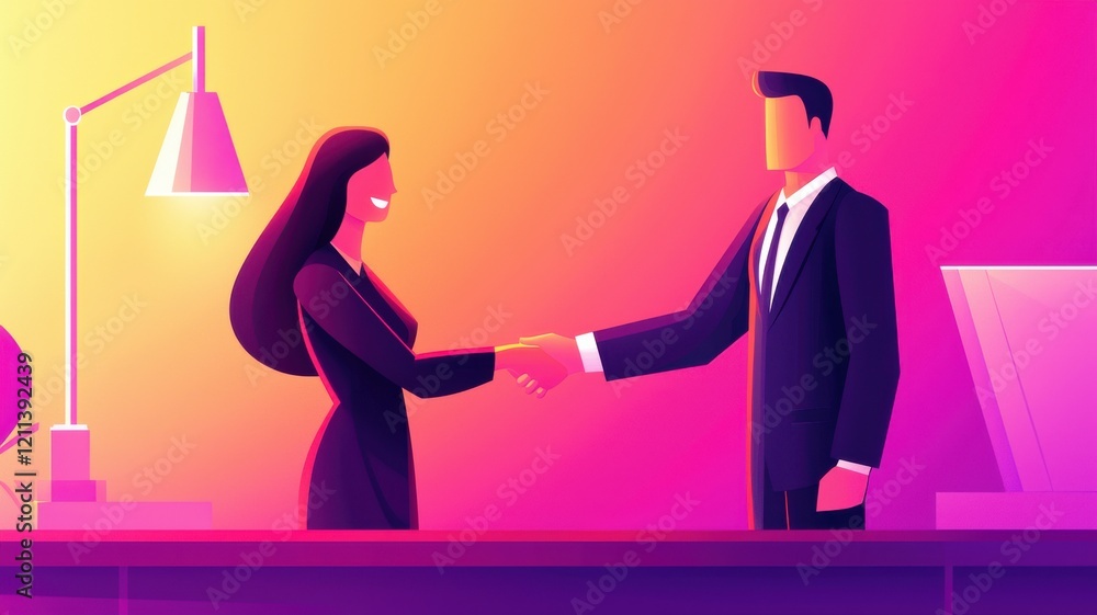 Fototapeta premium Two professionals shake hands in a vibrant office setting.