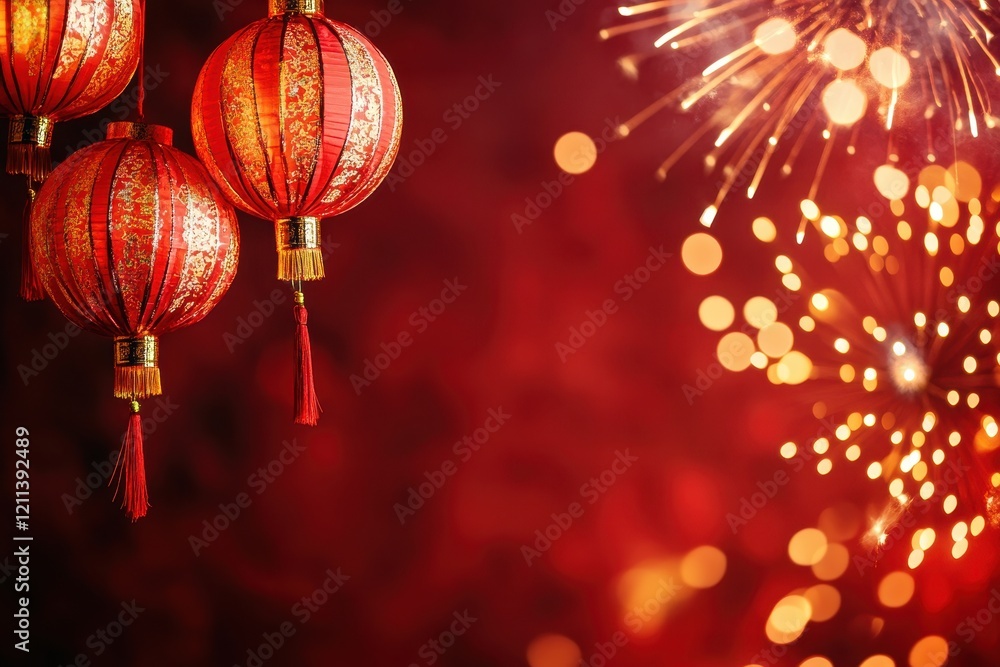 Vibrant Festive Lanterns Hanging Against a Background of Colorful Fireworks and Bokeh Lights, Perfect for Celebrating Lunar New Year or Cultural Festivals Vibrant Festive Lanterns Hanging Against a Background of Colorful Fireworks and Bokeh Lights, Perfect for Celebrating Lunar New Year or Cultural Festivals