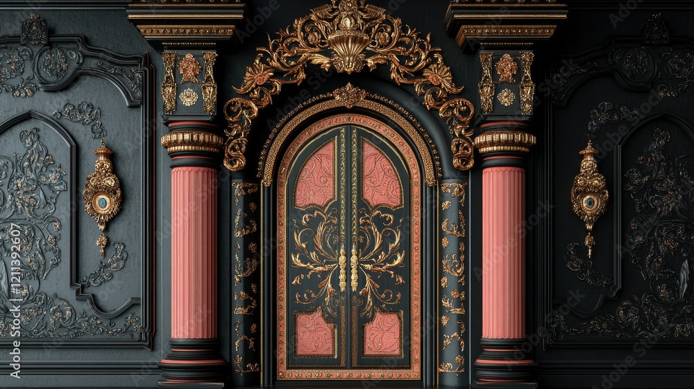 Elegant Indian-style door with intricate peach and golden details, set against a dark black backdrop. Elegant Indian-style door with intricate peach and golden details, set against a dark black backdrop.