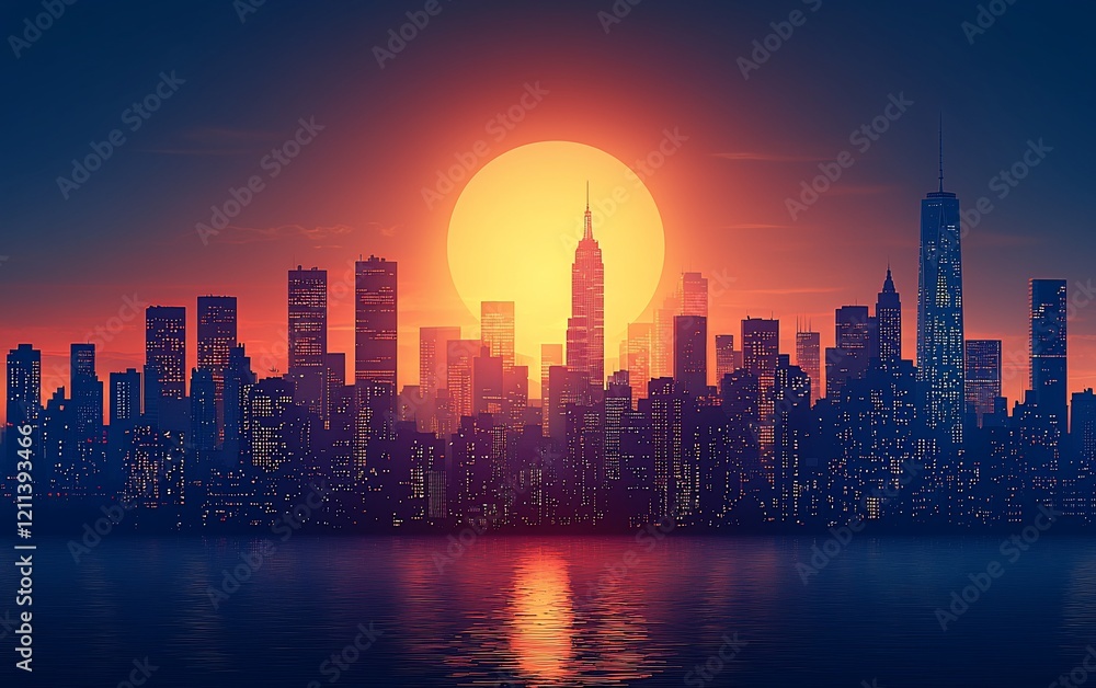 Cityscape silhouette at sunset with large sun. Cityscape silhouette at sunset with large sun.