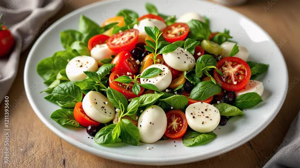 Classic caprese salad with fresh mozzarella, cherry tomatoes, basil, and olive oil on a white plate. Concept of Italian cuisine and fresh simplicity Classic caprese salad with fresh mozzarella, cherry tomatoes, basil, and olive oil on a white plate. Concept of Italian cuisine and fresh simplicity