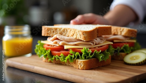 Delicious Deli Sandwich with Turkey, Lettuce, Tomato, and Cheese on Whole-Grain Bread photo