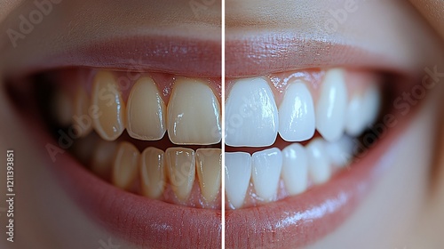 The image shows a before-and-after comparison of teeth whitening, highlighting the transformation from stained, yellowish teeth to bright, white teeth, showcasing dental care and cosmetic improvement