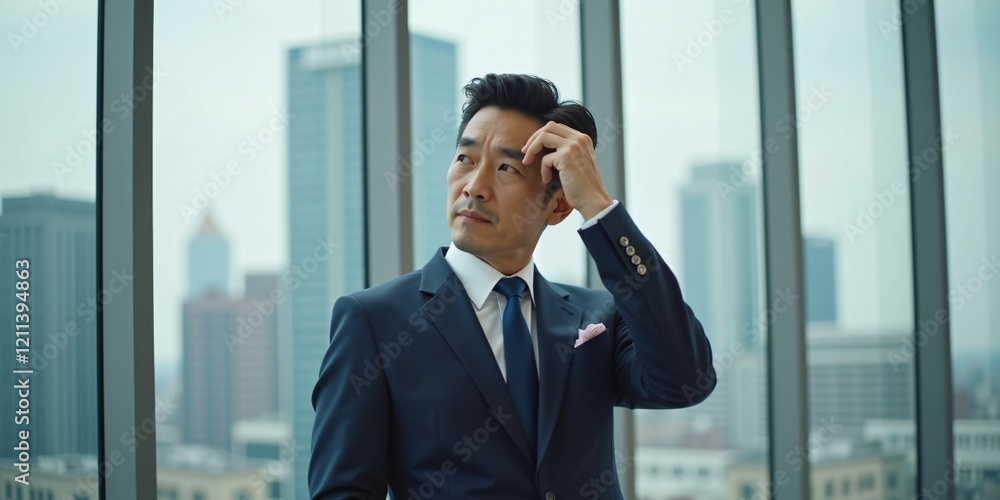 Middle-Aged Japanese Businessman Adjusting Hair in Modern Office Setting Middle-Aged Japanese Businessman Adjusting Hair in Modern Office Setting