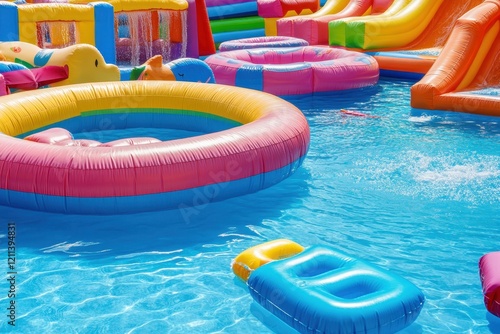 Vibrant Inflatable Pool Accessories and Structures in a Sunny Outdoor Water Park Setting for Summer Fun and Family Recreation
